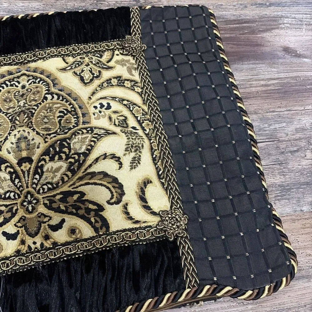 Arabella chenille damask decorative throw pillow Sham Set Black Brown & gold